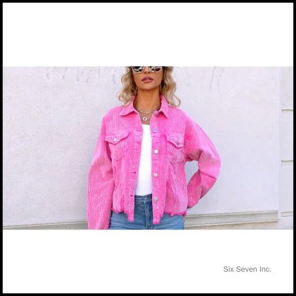 Cropped Corduroy Shacket Oversized Boyfriend Style Fringe Hem Casual Jacket - Picture 7 of 7